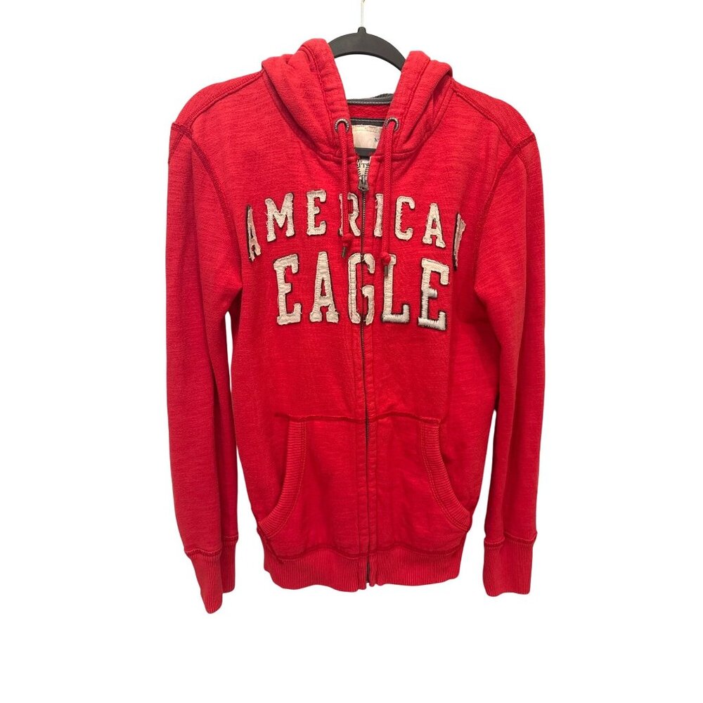 American Eagle Outfitters Hoodie Y2K Red Zip Up XS No. 77 Logo Sweatshirt Retro
